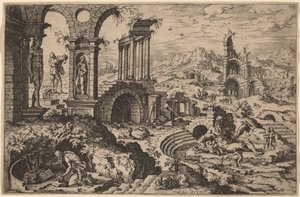 Szent Jeromos egy tájban romokkal alkotó: Hieronymus Cock after Maerten van Heemskerck