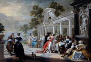 A játék Forró kéz A flamand nemesség fiataljai egy parkban játszanak. Hieronymus Janssens dit le Dancer (1624-1693) festménye 17. század V. 0,58x0,83 m