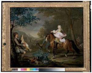 Egy úriember lóháton vadászokkal egy kiterjedt tájon alkotó: Hieronymus van der Mij