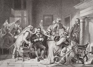 I. Károly (1600-49) az őrszobában, akit Oliver Cromwell katonái megsértettek, „Az angol és skót történelem illusztrációi” I. kötetből alkotó: Hippolyte Delaroche