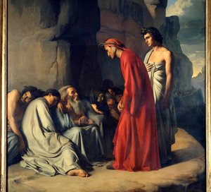 Dante és Vergilius a pokolba vagy a virgile által vezetett dante vigasztalja a lelkeket Dante Azlighieri (1265-1321) Az isteni pokol irigy illusztrációja (Divina Comedia) Hippolithe Flandrin festménye (1809-1864) Dim 19. század . 2