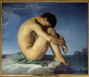 Fiatal meztelen férfi ül a tenger mellett Gondolkodó visszavonuló helyzetben (önbepillantás). Hippolyte Flandrin (1809-1864) festménye 1836. Olaj, vászon. Nap. 0,98x1,24 m - Fiatal meztelen férfi ül a tenger partján. Gondolkodó magzati, szunnyadó prot