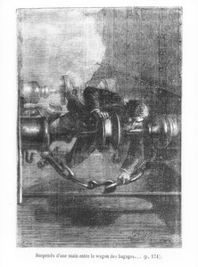 Fél kézzel kapaszkodik a poggyászkocsi között, illusztráció Jules Verne (1828-1905) "Nyolcvan nap alatt a Föld körül" című művéből, metszette P. Louis, 1873. alkotó: Hippolyte Leon Benett