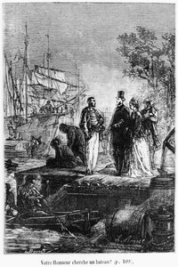 Csónakot keres a becsület, illusztráció a „Nyolcvan nap alatt a világ körül” című filmből, Jules Verne (1828-1905) 19. század vége alkotó: Hippolyte Leon Benett