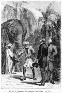 Phileas Fogg egy elefánt előtt, illusztráció Jules Verne (1828-1905) „Nyolcvan nap alatt a világ körül” című művéből, a 19. század végén