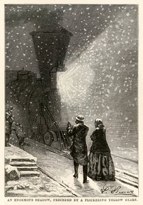 Hatalmas árnyék, előtte villogó sárga csillogás, Jules Verne (1828-1905) nyolcvan nap alatt a világ körül című művéből, amelyet Adolphe François Pannemaker (1822-1900) vésett, 1873 alkotó: Hippolyte Leon after Benett