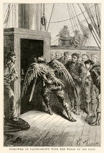 Ezt követi a Passepartout szárnyakkal a hátán, Jules Verne (1828-1905) nyolcvan nap alatt a világ körül című alkotásából, Adolphe François Pannemaker (1822-1900) metszete, 1873 alkotó: Hippolyte Leon after Benett