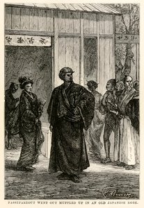 A Passepartout egy régi japán köntösben tompítva ment ki, Jules Verne (1828-1905) nyolcvan nap alatt a világ körül című művéből, Louis Prevost metszetében, 1873