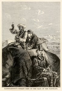 Passepartouts kellemetlen lovaglás az elefánt hátán Jules Verne (1828-1905) nyolcvan nap alatt a világ körül című művéből, amelyet Adolphe François Pannemaker (1822-1900) vésett, 1873