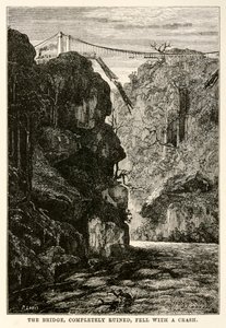 A teljesen tönkrement híd zuhanással zuhant le Jules Verne (1828-1905) nyolcvan nap alatt a világ körül című művéből, amelyet Louis metszett, 1873