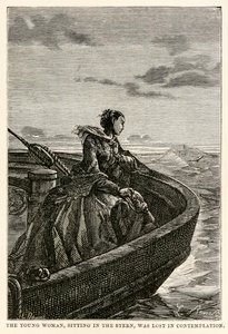 A tatban ülő fiatal nő elmerült a szemlélődésben, Jules Verne (1828-1905) Nyolcvan nap alatt a világ körül című művéből, Jean Louis Prevost metszetéből (1790-1850), 1873