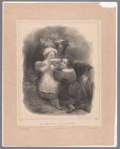 Két gyerek egy kecskével iszik kecsketejet La Campagne / Ország (cím a tárgyon) alkotó: Hippolyte Louis Garnier
