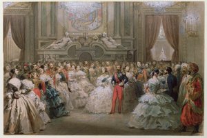 Viktória királynő (1819-1901) és Albert herceg (1819-61) III. Napóleon és Eugenie ünnepi vacsoráján, 1853 (wc papíron)