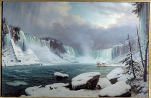 A nagy Niagara szürkehályog, téli hatás. Kilátás a Niagara-vízesésre. Hippolyte Victor Valentin Sebron (1801-1879) festménye