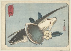 Lepényhal, abalone és bogyók Kochi awabi (cím a tárgyon) alkotó: Hiroshige (I) , Utagawa