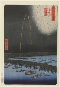 Tűzijáték a Ryogoku hídnál Ryogoku hanabi (cím a tárgyon) Edo száz híres nézete (sorozat címe) Meisho Edo hyakkei (sorozat címe az objektumon) alkotó: Hiroshige (I) , Utagawa