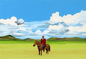 Mongol sztyeppék és lovagló emberek, 2015 (Guache papíron) alkotó: Hiroyuki Izutsu