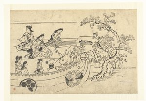 Zenés társaság egy cseresznyefa alatt Cseresznyevirágok megtekintése Uenóban (sorozat címe) Ueno hanami no tei (sorozat címe) alkotó: Hishikawa Moronobu (attributed to)