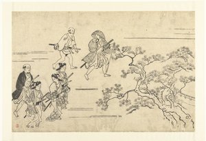 Öt nemes és egy szolga piknikre tartanak Cseresznyevirágok megtekintése Uenóban (sorozat címe) Ueno hanami no tei (sorozat címe) alkotó: Hishikawa Moronobu (attributed to)