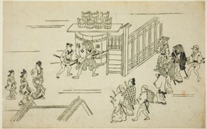 Ageyacho bejárata, a "Yoshiwara megjelenése (Yoshiwara no tei)" sorozatból alkotó: Hishikawa Moronobu