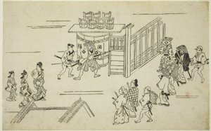 Entrance to Ageyacho, from the series "The Appearance of Yoshiwara (Yoshiwara no tei)", c.1681-84 (woodblock print; sumizuri-e, oban) alkotó: Hishikawa Moronobu