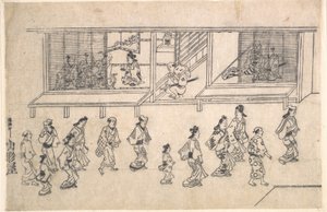 Utca jelenet Josivarában alkotó: Hishikawa Moronobu
