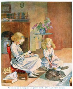 Amint sötétedni kezd, az „Ole Luk-Oie”-ból Hans Christian Andersen (1805-75) „Fairy Tales” című könyvének 1920-as kiadásában (akvarell papíron)