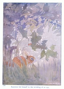 Laurence egy szempillantás alatt elbújt, illusztrációja Eleanor Tyrell „Továbbiak a mókusokról” című könyvéből, 1915 körül (színes litó) alkotó: Honor Charlotte Appleton