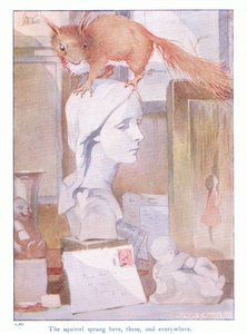 A mókus itt, ott és mindenhol ugrott, illusztráció Eleanor Tyrell „Továbbiak a mókusokról” című művéből, 1915 körül (színes litó)