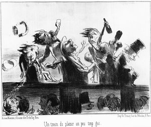 Egy kicsit túl vidám egy vidám vonat: a „Les trains de Plaisir” című sorozatból, Honore Daumier (1808-1879) vasutakról készült rajzfilmekből. "Macskazene" alkotó: Honoré Daumier