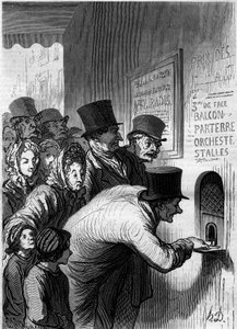 Egy színházi ablak. Honore Daumier (1808-1879) rajzfilmje. Metszet a „” Le Monde Illustré”” 269. számában, 1862. június 7. alkotó: Honoré Daumier