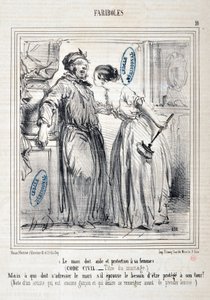 Honore Daumier (1808-1879) alkotásai Charivari: Serie FARIBOLES Le mari doit aide et protection a sa femme (Polgári törvénykönyv – Title du mariage) „” – De kinek kell megszólítania a férjet, ha úgy érzi, hogy védelemre van szüksége? (Egy művész megjegyzés alkotó: Honoré Daumier