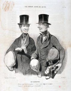 Honore Daumier (1808-1879) alkotásai. A Charivari 1845-ből származik: Serie LES BEAUX DAYS DE LA VIE. A karneválban "" - Nevessünk és vicceljünk! Csalódni fogok, mint okos! Híres! Nem ismerünk fel...” KÉZMŰVÉSZETI MÚZEUM – LONGCHAMP PALOTÁJA, MARSEILLE alkotó: Honoré Daumier
