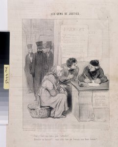 Honore Daumier (1808-1879) műve. A Charivari 1845-ből származik: Serie LES PEANS DE JUSTICE. "Muszáj levelet írni, hogy gyöngéd legyen? - Egy bírósági végrehajtó látogatása! Hát nem francia, jóember?" Dim 37.5x28. Kivonat a Le" Charivari" című újságból. alkotó: Honoré Daumier