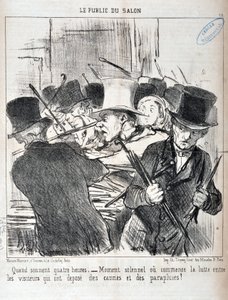 Honore Daumier (1808-1879) alkotásai. A Charivari 1852-ből származik: Serie LE PUBLIC DU SALON - "" Amikor a hang négy óra. - ünnepélyes pillanat vagy kezdődik a küzdelem a vesszőket és esernyőket lerakó látogatók között"" MUSEE DES BEAUX ARTS - PALAIS LON alkotó: Honoré Daumier