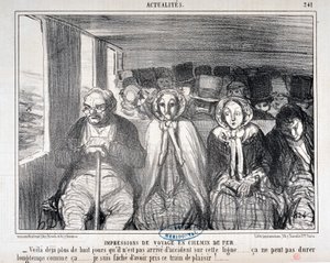 Honore Daumier (1808-1879) Charivari alkotása 1855-ből származik: Serie Actualites de voyage en railroad "" - Több mint nyolc napja nem történt baleset ezen a vonalon... ez nem tarthat sokáig így. .. Sajnálom, hogy ezen a vonaton utaztam alkotó: Honoré Daumier