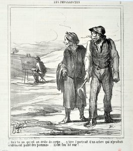 Honore Daumier (1808-1879) alkotásai. Charivari 1864-ből származik: Serie LES LANDSAGISTS „” - Ebben egy vicces test... egy olyan fa portréját rajzolja, amely nem csak almát terem... megőrül!...” KÉPZŐMŰVÉSZETI MÚZEUM - PALACE LONGCHAMP, alkotó: Honoré Daumier