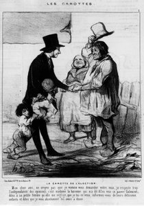 Választási látogatás jelöltje egy parasztcsaládban: „A választás sárgarépája” – Daumier rajzfilmje a „Charivari”-ban, 1844.03.21. alkotó: Honoré Daumier