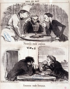 Rajzfilm a gasztronómiai visszaélésekről. „Paris qui drinks” sorozat: új angol divat és régi francia divat. Honore DAUMIER (1808-1879) metszete. Kivonat a „” Le Charivari”” újságból, 1852. június 23. Mérete 37x26 cm Inv D 2312 - doboz 24 N¡7. Marseille, Mú alkotó: Honoré Daumier