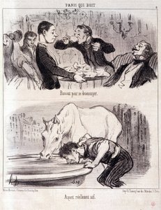 Rajzfilm a gasztronómiai visszaélésekről. Serie Paris iszik: "" Igyunk, hogy megunjuk. Tényleg szomjas.” Honore DAUMIER (1808-1879) metszete. Kivonat a „” Le Charivari”” újságból, 1852. június 16. Mérete 37x26 cm Inv D 2310 - doboz 24 N¡5. Marseille, Musee alkotó: Honoré Daumier
