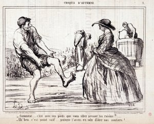 Rajzfilm a mezítláb szőlőt taposó kombájnokról. Serie "" Őszi vázlat"": "" Hogyan... a lábaddal fogod kinyomni a szőlőt? ...” metszet: Honore DAUMIER (1808-1879). Kivonat a „Le Charivari” újságból alkotó: Honoré Daumier