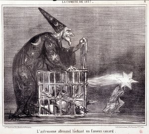 Rajzfilm a tudományról. Serie Sur "" az 1857-es üstökös"": "" A német csillagász elhagyja a híres kacsát"". Honore DAUMIER (1808-1879) metszete. Kivonat a „Le Charivari” című újságból, március 2 alkotó: Honoré Daumier