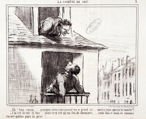 Rajzfilm a tudományról. Serie Sur „” az 1857-es üstökös””: „Nos szomszéd... miért sírtál ilyen nagyot...”” Metszet: Honore DAUMIER (1808-1879). Kivonat a „Le Charivari” című újságból, március 11-én alkotó: Honoré Daumier