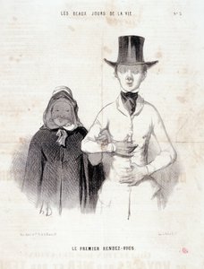 Karikatúra a párról: Az élet szép napjai című sorozat: "Az első randi". Honore DAUMIER (1808-1879) metszete. Kivonat a "Le Charivari" című újságból, január 2-3. alkotó: Honoré Daumier