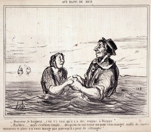 Rajzfilm a turistákról nyaralni. Serie „” aux Bains de Mer””: „” Monsieur le bathneur... igaz, hogy Dieppe-ben élnek cápák?...” Honore DAUMIER (1808-1879) metszet. Kivonat a „Le Charivari” című újságból június 8-án alkotó: Honoré Daumier