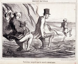 Karikatúra a nyaraló turistákról. Sorozat "Ax Bains de Mer: "Utazási érzelmek. Párizsiak, akiket elkapott az emelkedő tengerpart". Honore DAUMIER (1808-1879) metszete. Kivonat a "Le Charivari" című újság október 8-i számából. alkotó: Honoré Daumier
