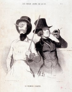 Rajzfilm a fiatal Dandysről. "" Az élet szép napjai"" sorozat: "" Az első szivar"". Honore DAUMIER (1808-1879) metszete. Kivonat a „” Le Charivari”” újságból 1843. december 31-én. Mérete 37x25 cm Inv 1089 - 8. doboz N¡2. Marseille, Musee des Beaux alkotó: Honoré Daumier