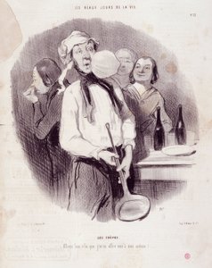 Rajzfilm egy ügyetlen emberről. „” Les Beaux Days de la Vie”” sorozat: „” Les crepes... „” Metszet: Honore DAUMIER (1808-1879). Kivonat a „Le Charivari” című újságból, november 14 alkotó: Honoré Daumier