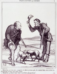 Rajzfilm a vadászokról: Serie „” Autumn Sketch””: „” Uram, a vad teljes hiánya miatt, kérem, adjon engedélyt a kutyájának kilövésére...”” Metszet: Honore DAUMIER (1808-1879). Kivonat a „Le Charivari” című újságból, szeptember 28-án alkotó: Honoré Daumier