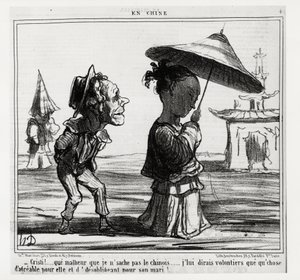 Christi! Nem tudok kínaiul beszélni... Szívesen elmondom neki, hogy valami kellemes neki, és a férje számára kötelező!... A Serie En Chine, Honore Daumier (1808-1879) illusztrációja, megjelent: „” Charivari”, január 12-én alkotó: Honoré Daumier